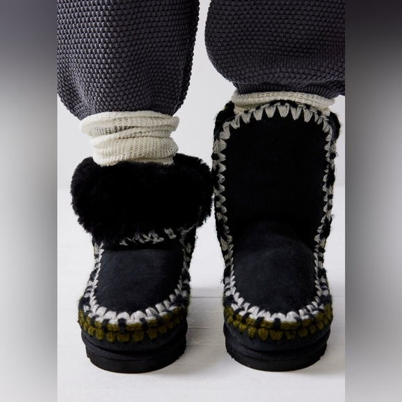 Mou Shoes - Mou Black Suede Shearling-Trim Moccasin Boots